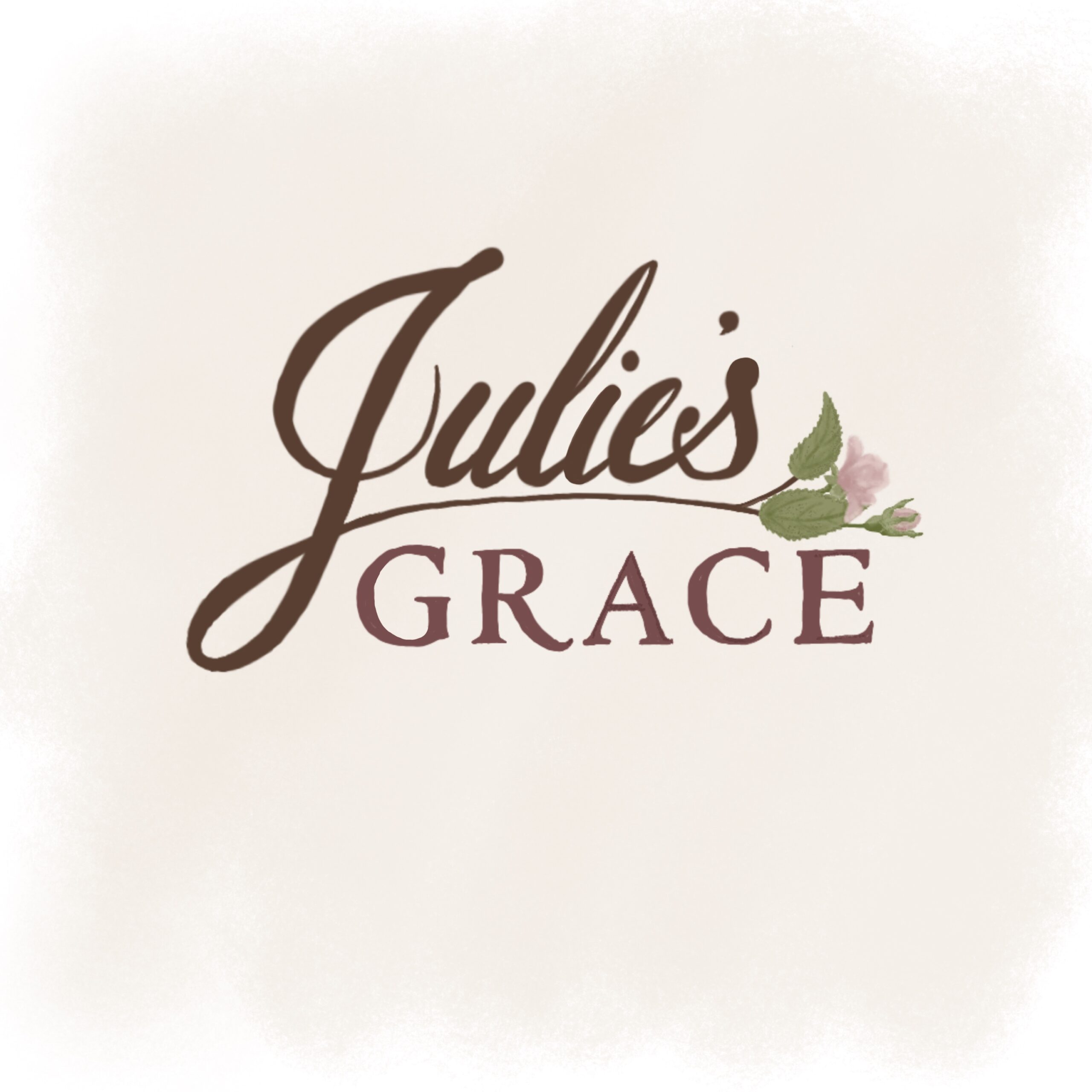 The words Julie's Grace written by hand in Procreate in two scripts, with the tail of the capital letter J in Julie's name, written in stylized copperplate calligraphy, extending between the name and the word GRACE below it, ending in a small rose bloom and bud with two leaves on the far right.